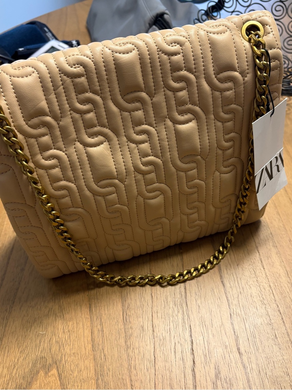 Zara Quilted Chain Shoulder Bag in Beige Tan